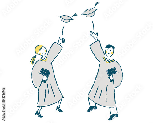 アカデミックガウンを着て角帽を投げる男女のイラスト