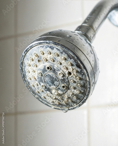 Close up of a dirty chrome shower head covered in white limescale and hard water deposits