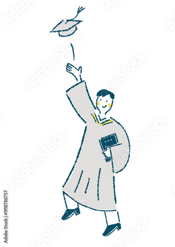 アカデミックガウンを着て角帽を投げる男性のイラスト