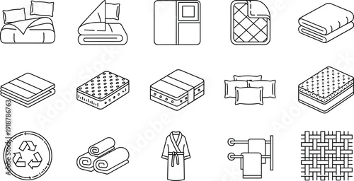 Bedding and home textile line icons set, mattress pillow blanket towel and fabric symbols collection vector
