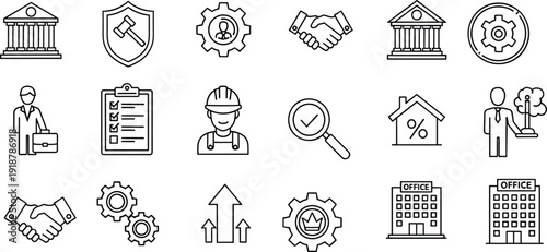Business icon illustration set, courthouse design, legal protection artwork, handshake motif, office building vector, gear symbol collection for corporate and management themes