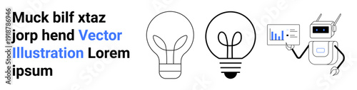 Innovation, data analysis, technology, robotics, business solutions, creative ideas. Lightbulb icons and a robot presenting analytics. Innovation and data analysis concept