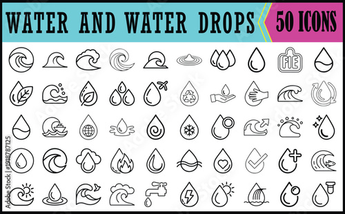 Water Drop and Wave Icon Set Collection, Vector collection of water drops, waves and splash symbols in clean outline style, ideal for web, apps, branding and infographics.