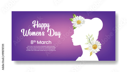 International Women’s Day Celebration Banner Template, Floral Vector Women Silhouette Background for 8 March Social Media Header, Website Cover, Marketing Promotion