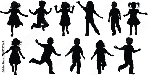Children silhouette illustration set, running and jumping poses, playful youth artwork, dynamic figure motif, vector collection for education, recreation, and activity themes
