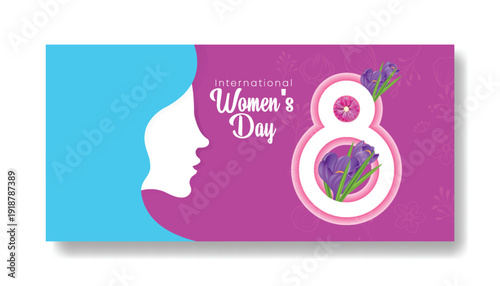 International Women’s Day 8 March Celebration Horizontal Banner Template, Floral Number Eight Vector Background with Women Silhouette Illustration for Social Media Cover, Website Header