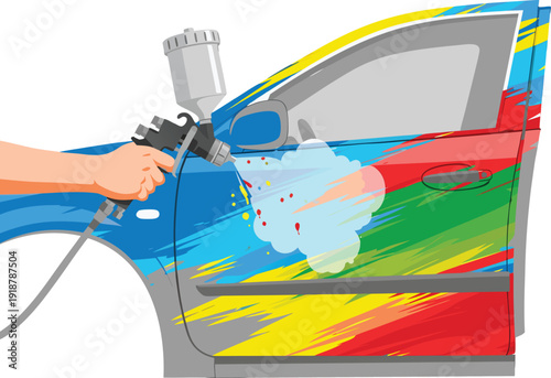 Hand using spray gun to paint colorful car door Vector isolated on transparent bg