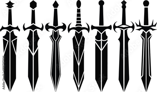 Collection of stylized medieval swords with sharp, geometric blades and detailed hilts, rendered in black silhouette on a clean white background.