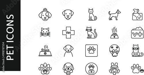 Veterinary Line Icon Set Featuring Dog and Cat Heads Paw Prints Pet Food Bowls and Medical Cross for Animal Care Clinic Branding