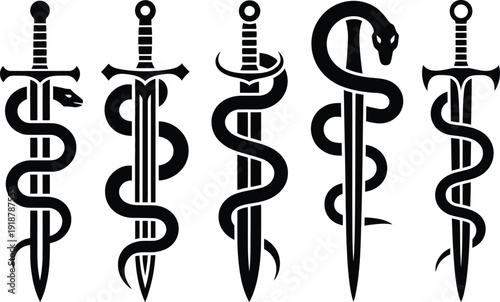Collection of five distinct swords, each uniquely wrapped by a coiled serpent, in a striking black silhouette design on a white background.