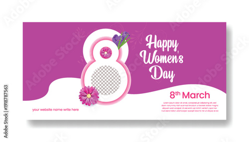 8 March Women’s Day Promotional Advertising Banner Design, Floral 3D Number Eight with Elegant Female Silhouette Background for Social Media Cover and Website Header Template