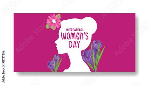 International Women’s Day 8 March Celebration Horizontal Banner Template, floral Vector Background with Women Silhouette Illustration for Social Media Cover, Website Header Promotion