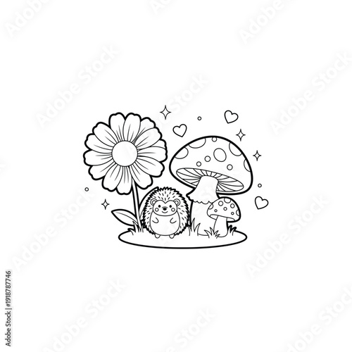 Adorable Hedgehog with Flower and Mushrooms Coloring Page