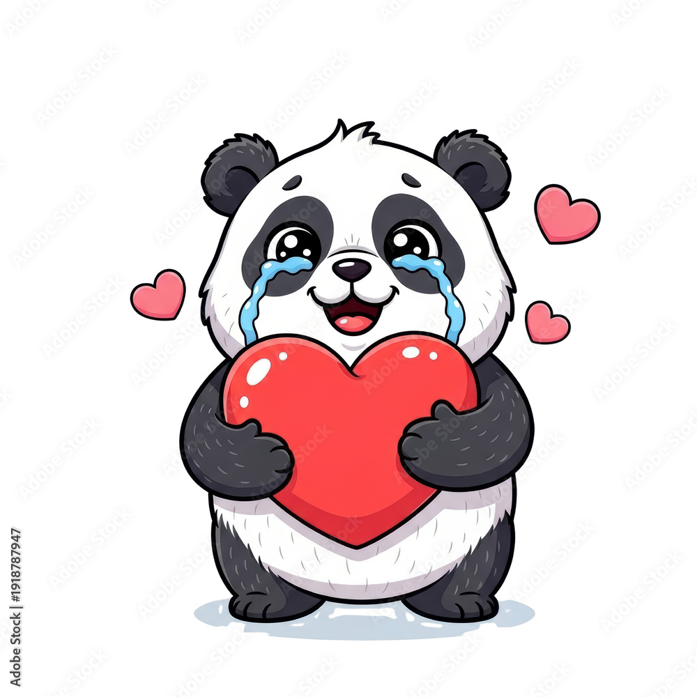 Obraz premium Adorable cartoon panda character with big teary eyes, holding a glossy red heart and surrounded by small pink hearts, expressing overwhelming love and emotion in a cute