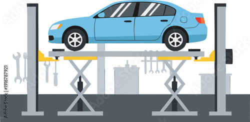 Vector Illustration of Car on Lift in Auto Repair Garage