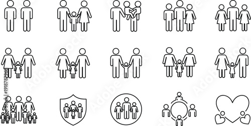 Community and relationship line icon set featuring family groups teamwork diverse couples parenting friendship and supportive social network symbols for ethical project branding