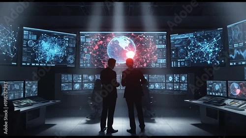Analysts in dark control room monitoring global data on screens