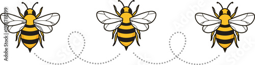 Cartoon bees flying with dotted path, playful insect illustration, cute honeybee vector design, nature pollination concept, whimsical children artwork