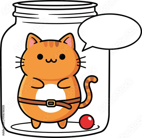 Cartoon cat vector illustration, playful orange striped feline inside glass jar with belt and speech bubble, humorous creative design