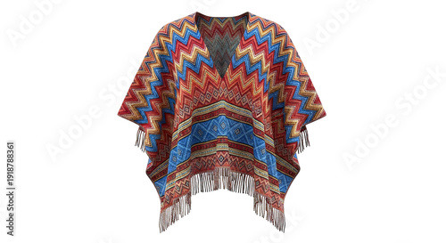Colorful Zigzag Patterned Poncho with Fringe