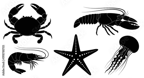 Silhouette Icons of Marine Creatures Crab Lobster Shrimp Jellyfish Starfish.