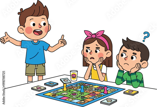 Children Engaged in a Board Game with Expressions of Thought and Curiosity.