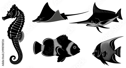 Black Silhouette Vector Illustrations of Seahorse Manta Ray Clownfish Angelfish and Marlin.