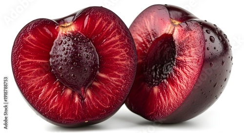 Fresh Black Cherry Half With Dark Red Juicy Flesh, Ripe Summer Fruit Texture Background, Organic Healthy Produce Concept For Nutrition And Food Photography Macro Closeup
