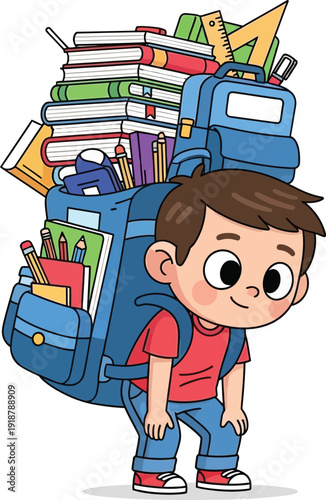 Young boy carrying a heavy school backpack full of books and stationery.