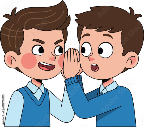 Two cartoon boys sharing a secret or gossiping together.
