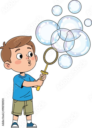 A young boy blowing bubbles with a wand.