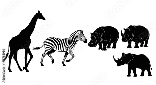 Silhouette illustrations of African savanna animals including giraffe zebra hippopotamus and rhinoceros.