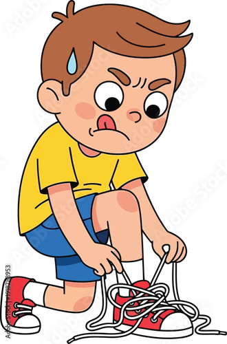A young boy struggling to tie his shoelaces with a frustrated expression.