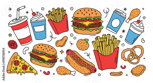 A colorful doodle illustration of various popular fast food items including burgers, fries, pizza, hot dogs, fried chicken, milkshakes, and soda drinks.