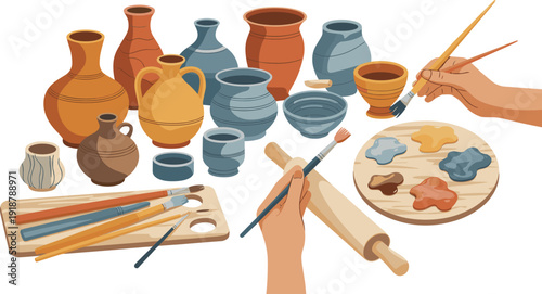 Ceramic pottery workshop illustration, handmade clay vases, bowls, brushes, paint palette, rolling pin, hands painting ceramics, artisan craft set