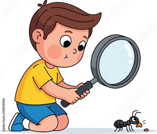 A cartoon boy examining an ant with a magnifying glass.