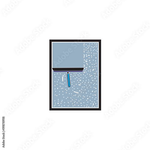 Window cleaning squeegee removing water drops on glass, flat vector illustration of home maintenance and housekeeping concept.