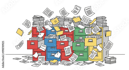 An illustration depicting a chaotic office environment with multiple overflowing filing cabinets and scattered papers, symbolizing disorganization and excessive paperwork.