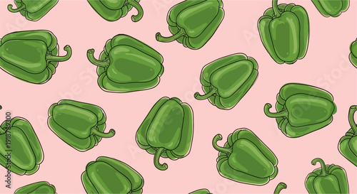 A seamless pattern of vibrant green bell peppers scattered on a soft pink background, illustrated in a playful, cartoon style.