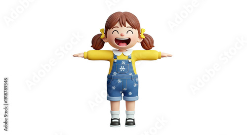 Happy 3D Cartoon Girl in Overalls with Snowflakes