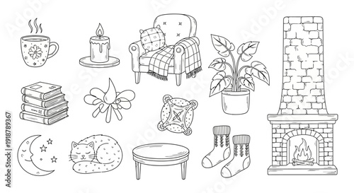 This image depicts various cozy home elements, including a fireplace, armchair, books, and a sleeping cat, all rendered in a charming line art style.