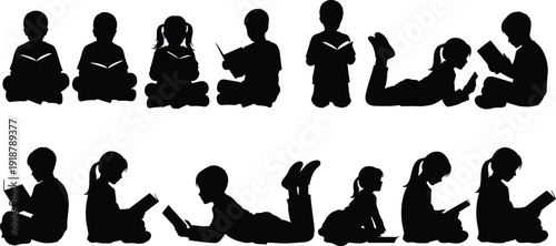 Children silhouettes reading books, standing, sitting, lying positions, education concept, learning engagement, study vector illustration artwork design