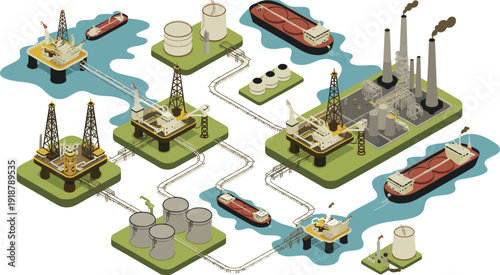 Oil and gas industry infrastructure with offshore drilling platforms, refinery plant and tanker ships, isometric vector illustration
