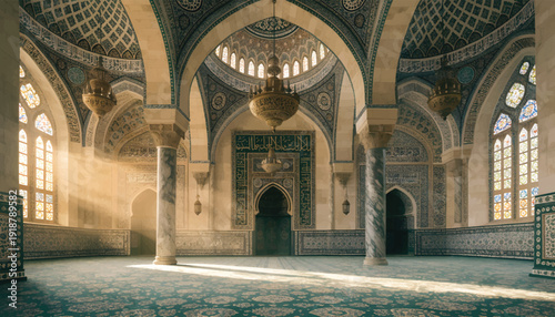 Grand Mosque Interior with Intricate Islamic Dome and Marble Columns