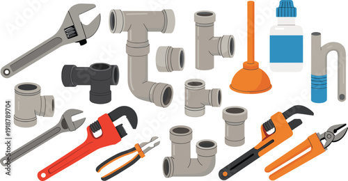 Plumbing tools and pipe fittings vector illustration, wrench plunger pliers set, repair maintenance equipment isolated on white background flat design