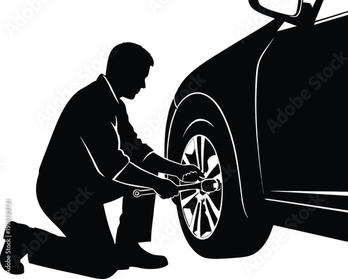 Man changing car tire isolated on transparent bg Vector