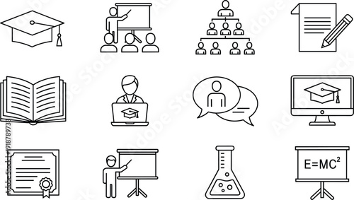 Education and e-learning line icon set featuring graduation caps teacher presentations student groups online study books and academic research symbols for school branding