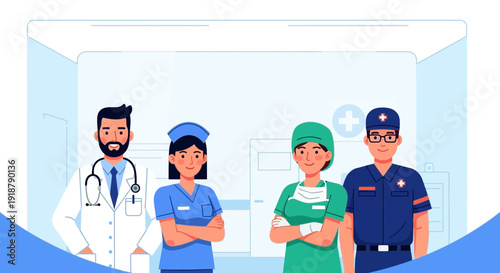 Diverse Team of Healthcare and Security Professionals Standing Together.