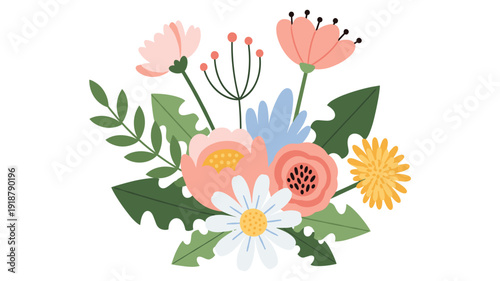 A vibrant and charming floral bouquet featuring an assortment of colorful blossoms and lush green foliage, perfect for spring and summer designs.