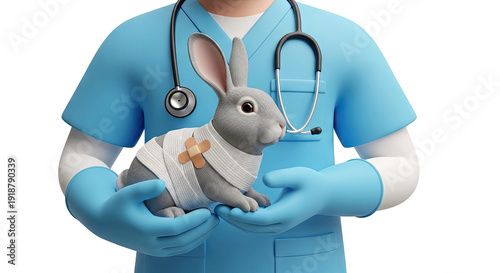 3D Render: Veterinarian Holding Injured Rabbit with Bandages